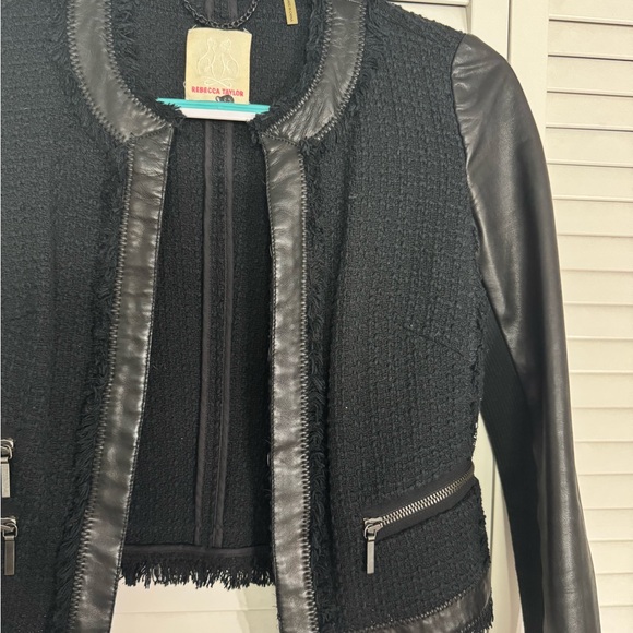 Rebecca Taylor Black Blazer Moto Jacket Lamb Leather Sleeves Work Fringe Sz 2 - Picture 3 of 7